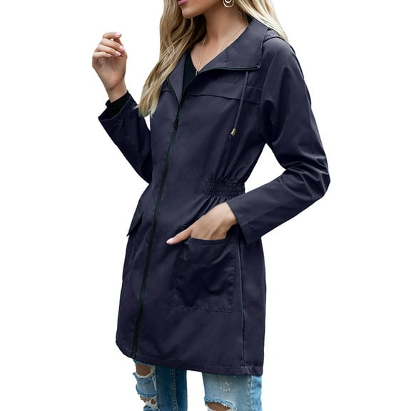 Women Waterproof Light-Weight Rain Jacket Active Outdoor Hooded Long Sleeves Raincoat with Zipper Navy Blue L