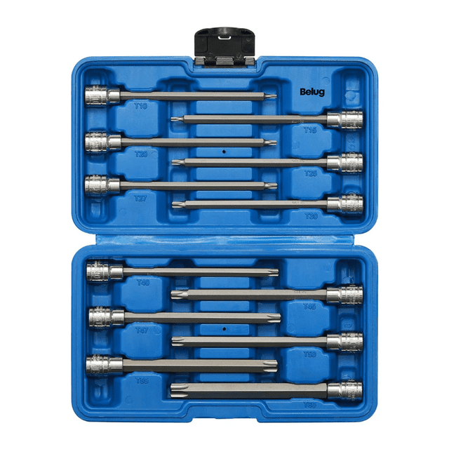 Juego De 12 Conectores De Brocas Torx Extra Largos De 3/8 Un estuche Belug Azul