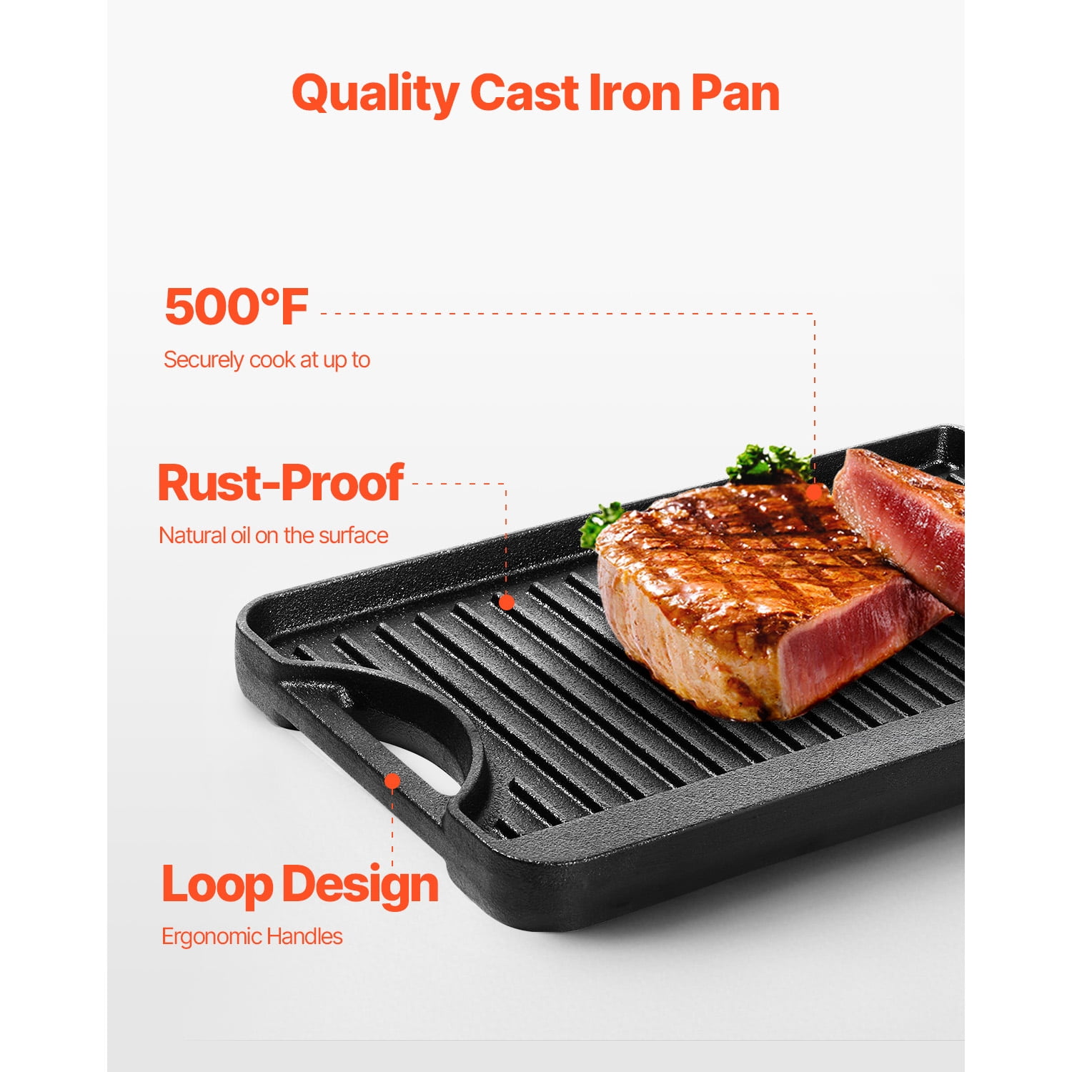 KFFKFF Switchable Grill/Griddle, Cast Iron Pan of 14x8.5 inch, Pre-Treated, Compact Square Pan with Grip, Household Utensils for Indoor/Outdoor Cooktop, Gas, Campfire Barbecue, Color - Black