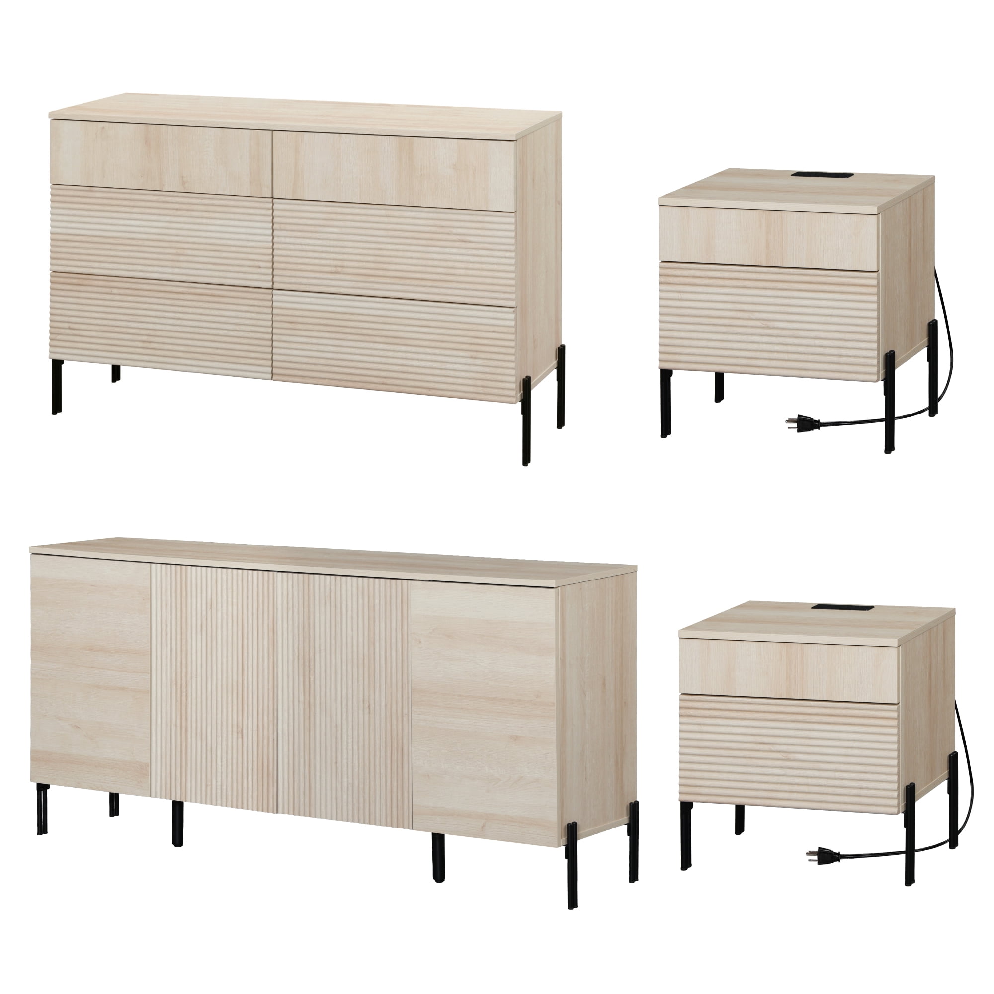 4 Pcs Bedroom Set,6 Drawer Dresser And Nightstand Sets For Bedroom,Night Stand Set Of 2, Modern Accent Cabinet With Hidden Handles, Reed Pattern & Double Chopsticks Legs