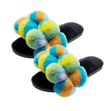 

Women House Slippers Indoor Outdoor Plush Fur Ball Furry Slippers