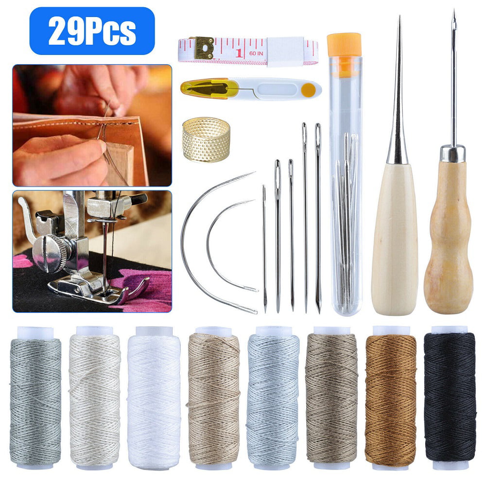 Leather Craft Tools Set Include Wax Thread&Tape Measure&Hand Sewing Needles&Scissors&Mid-Hole Cone&Log Cone&Copper Ring Thimble 29 Pcs Upholstery Repair Kit Canvas DIY Tool Set for Leather Repair