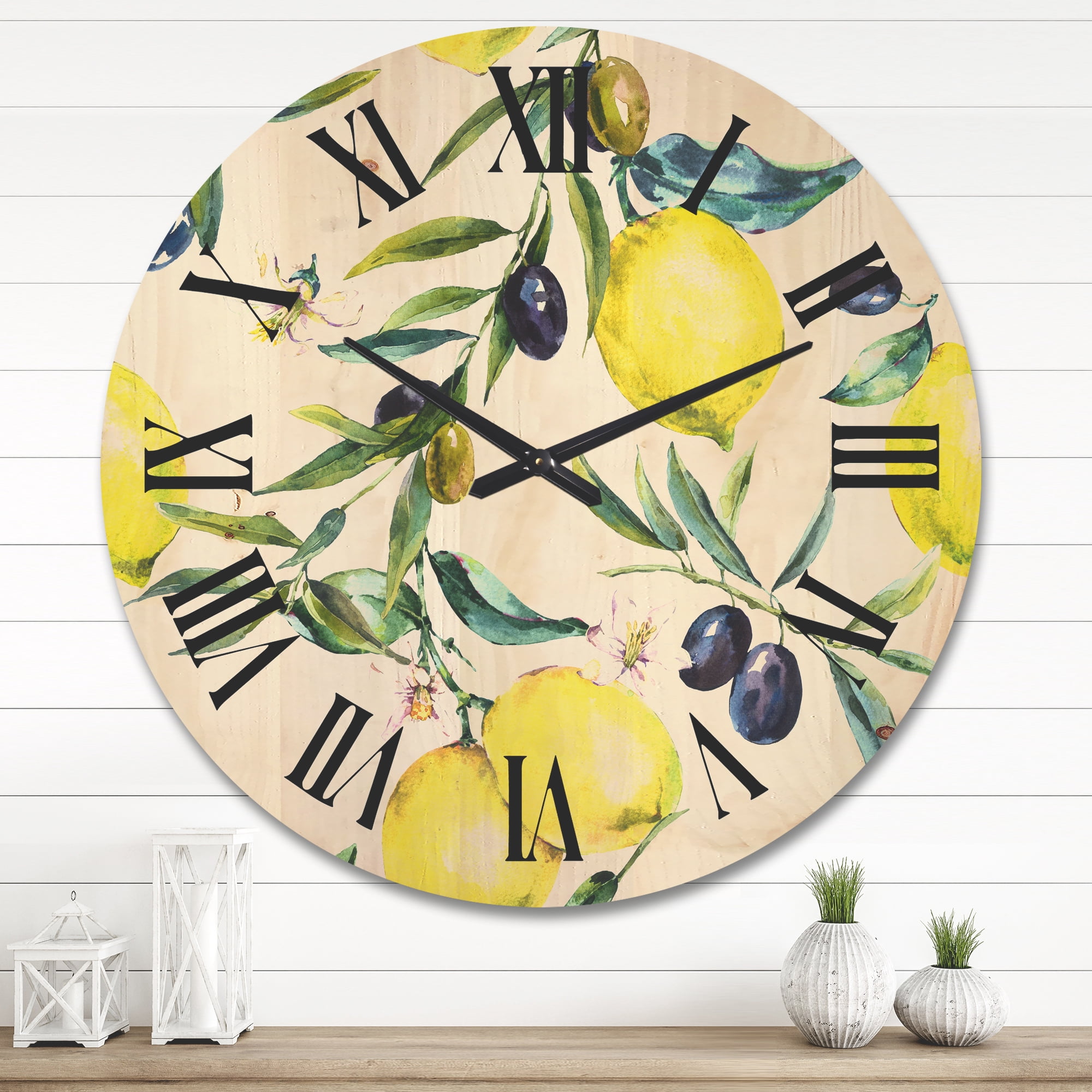 Designart 'Olive and Lemon Branches II' Tropical Wood Wall Clock