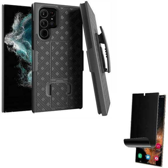 Case Belt Clip w Privacy Screen Protector for Samsung Galaxy S22 Ultra - Holster Swivel Cover, TPU Film (Fingerprint Works) Anti-Peep