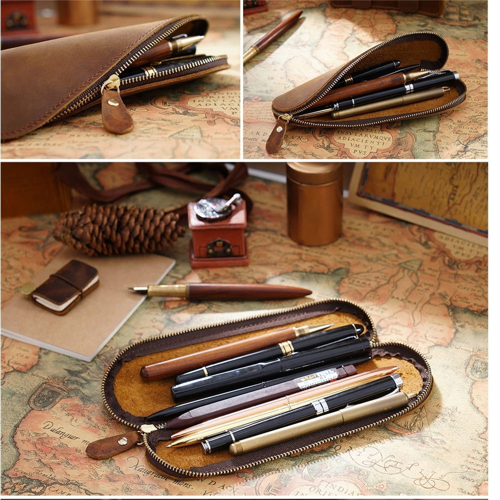 Leather Pen Case Pencil Bag Pouch With Zipper Pen Holders Handmade Genuine Leather For Men Women Businessmen And Artists Home Work Office (Brown,Excluding pencils)
