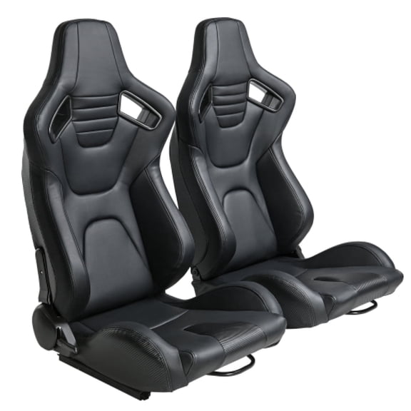 Universal Bucket Racing Seats Black PVC Leather Reclinable Carbon Look Back 2-Piece