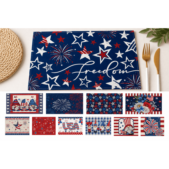 Chmadoxn Patriotic 4th of July Placemats, 12x18 Inch Red White Blue American Flag Table Mats for Independence Day, Memorial Day Kitchen Decor, Washable Polyester, Heat Resistant, 1Pc