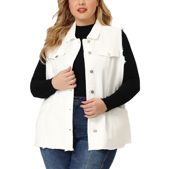 Women's Plus Size Jean Vest Button Down Turndown Collar Frayed Hem with Cargo Pocket Trucker Denim Vest White 2X