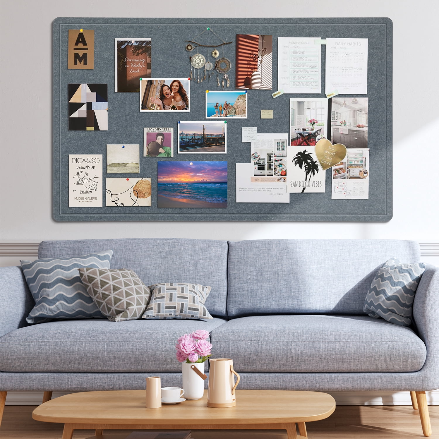 Large Bulletin Board, 60 X 35 Inches Felt Board Notice Pin Board, Cork Board Alternative, Foldable Photo Display Felt Board with Self-Adhesive Tape and 36 PushPins