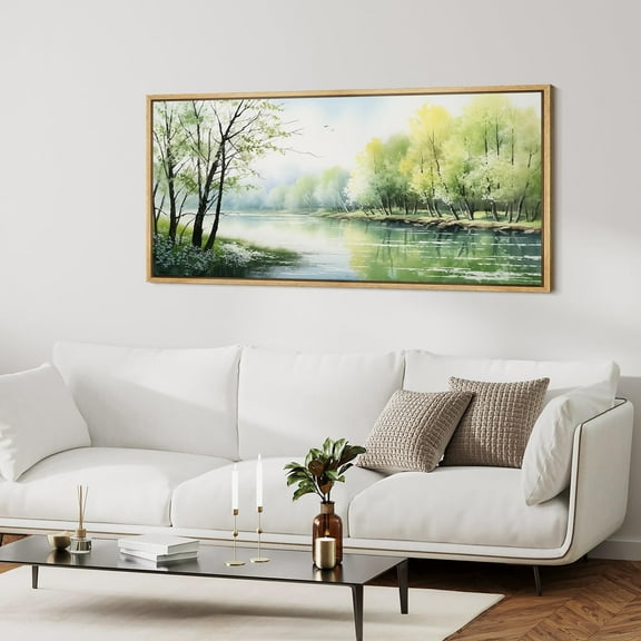 IDEA4WALL Extra Large Framed Canvas Print Wall Art Spring Awakening Gentle River Landscape Pastoral Scene with Blossoming Trees Antique Retro Fine Art Watercolor Decorative for Rooms Decor - 60"x30"