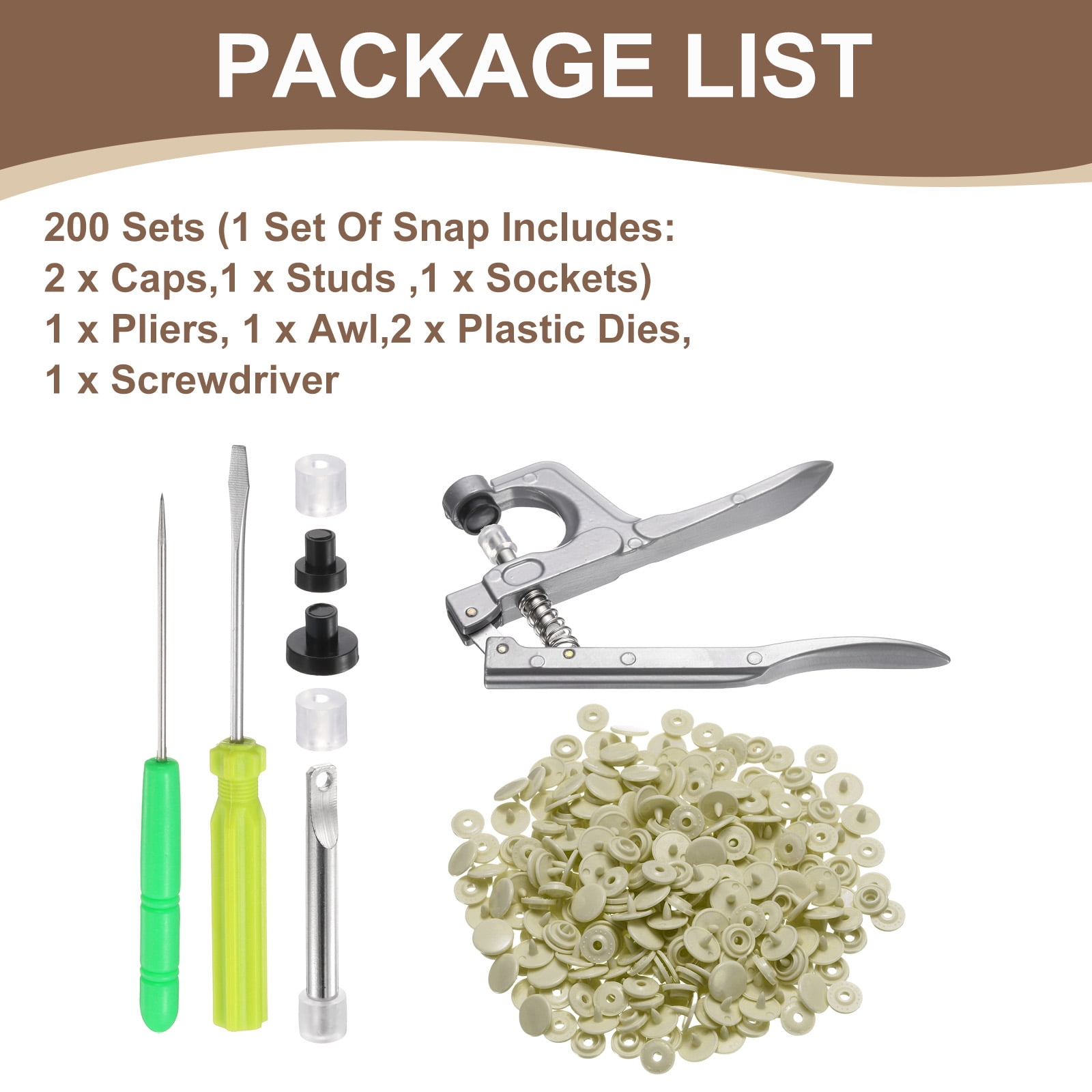 Uxcell Plastic Snaps Fasteners with Snap Pliers, 200 Set T3 Round Resin No-Sew Button Snap Fasteners Kit Beige
