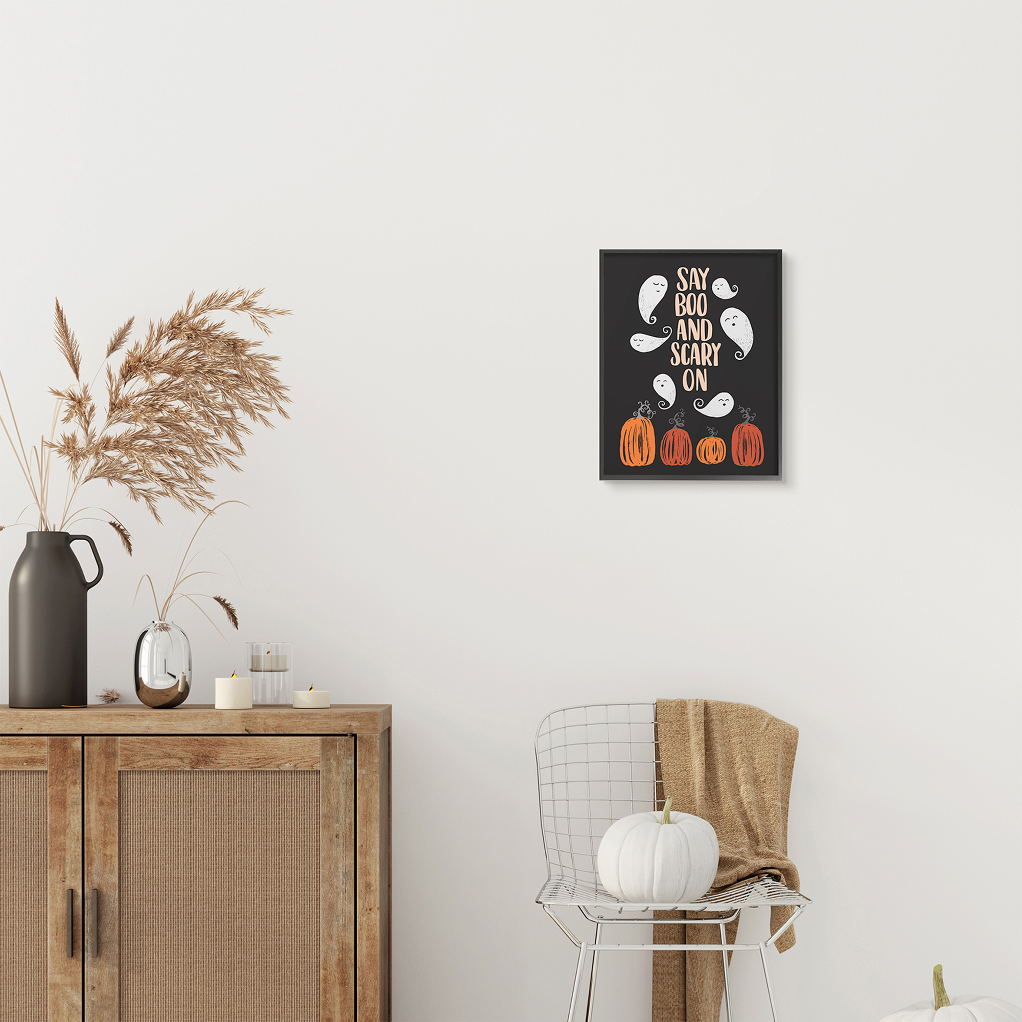 Stupell Industries Say Boo and Scary On Whimsical Halloween Expression Inspirational Painting Black Framed Art Print Wall Art, 11 x 14