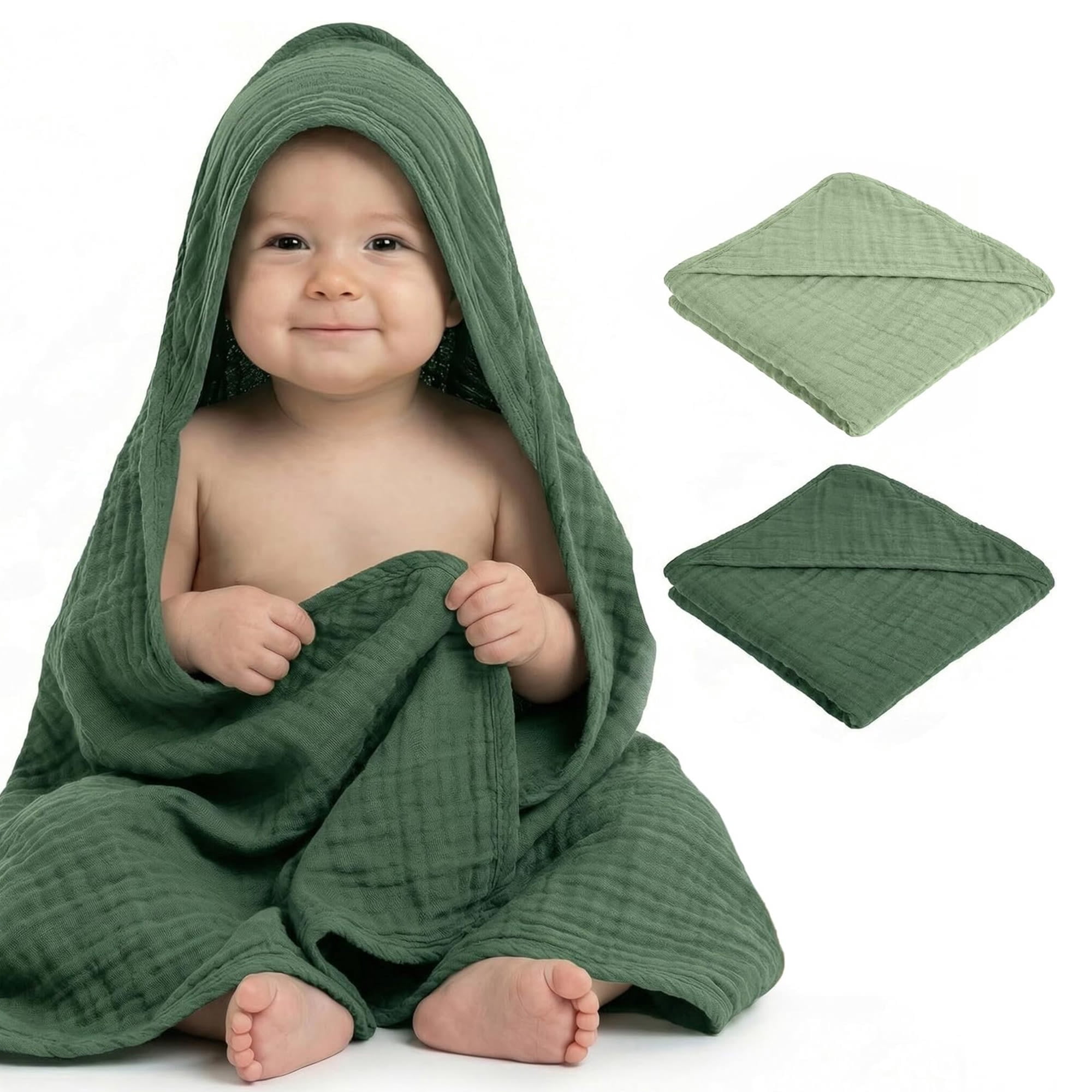 Mère & Moi: Muslin Hooded Baby Bath Towel – 2 Pack, Light & Dark Green - 30", Soft Cotton, Absorbent, Quick-Dry, Oeko-TEX, Pool-Water, Newborn-Toddler