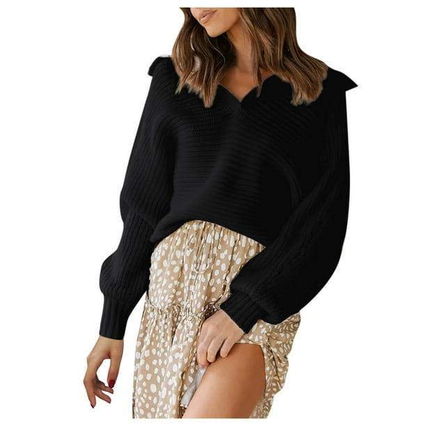 Gibobby Suéter mujer, Suéter corto para mujer, cuello en V, manga larga, suéter casual(Negro,M)