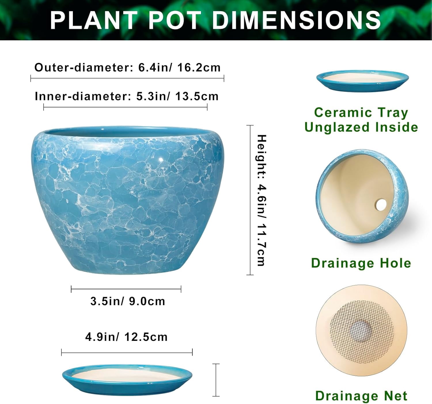 Ceramic Planters for Indoor Plants - 6 Inch Plant Pot with Drainage Hole and Saucer, Round Plant Pots, Modern Decorative Succulent Planter, Desk Decor, Gifts for Plant Lovers, Bubble Blue