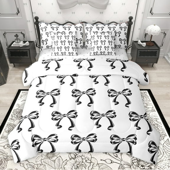 Homewish Cartoon Bowknot Ribbon 7-Piece Twin Bedding Sets,Cute Bowtie Bow Bedding Comforter Set,White Black Sheet Sets For Kids,Breathable Home Decor Reversible