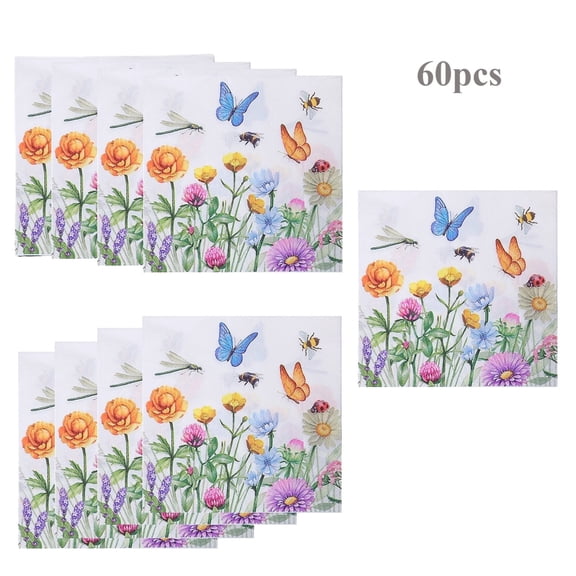 Butterfly Flower Party Napkins 60pcs Disposable Square Garden Butterfly Flower Theme Napkins for Mother's Day (Folding 6.5 Inches/Unfolding 13 Inches)