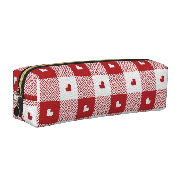 Easygdp Plaid Heart para Estuche de Lápices de Cuero, Estuche de Papelería de Cuero, Estuche de Gran Capacidad con Cremallera