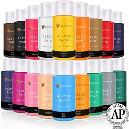 Acrylic Paint Set By Color Technik, Artist Quality, NEW COLORS, 18x59ml 2Ounce Bottles, Best Colors For Painting Canvas, Wood, (Best Type Of Canvas For Acrylic Painting)