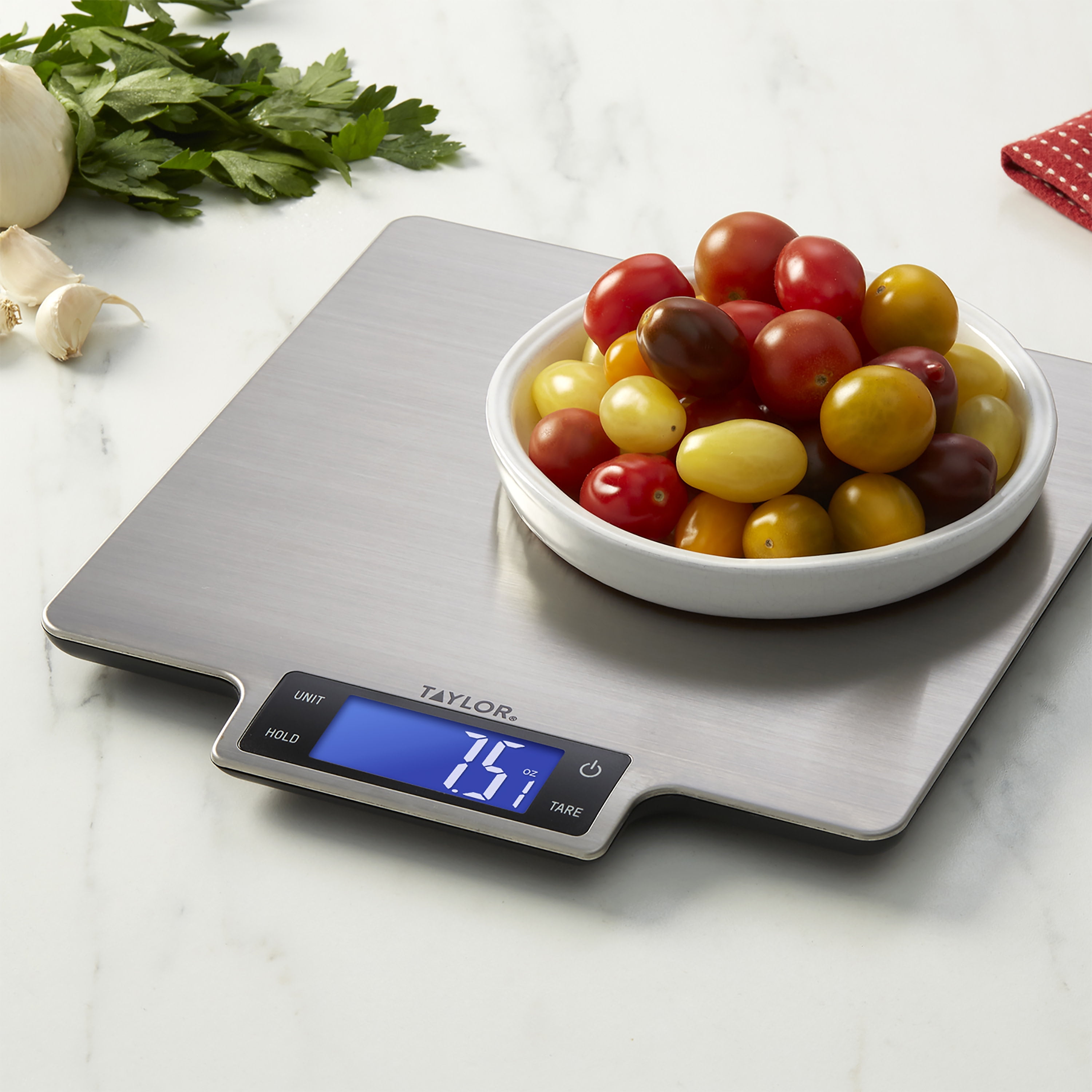 Taylor 22lb High Capacity Kitchen Food Scale with Stainless Steel Surface, Backlit Display, and USB Recharging Cord Included, White
