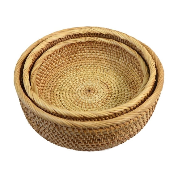 Handmade Rattan Bread Baskets Round Wicker Fruit Serving Storage Baskets, Natural Woven Decorative Kitchen Counter Organizing (Set of 3)