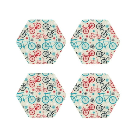 

Coasters Set of 4 - Bike Pattern red blue Drink Coasters for Tabletop Protection Leather Coasters for Living Room Decor and Housewarming Gift Hexagon