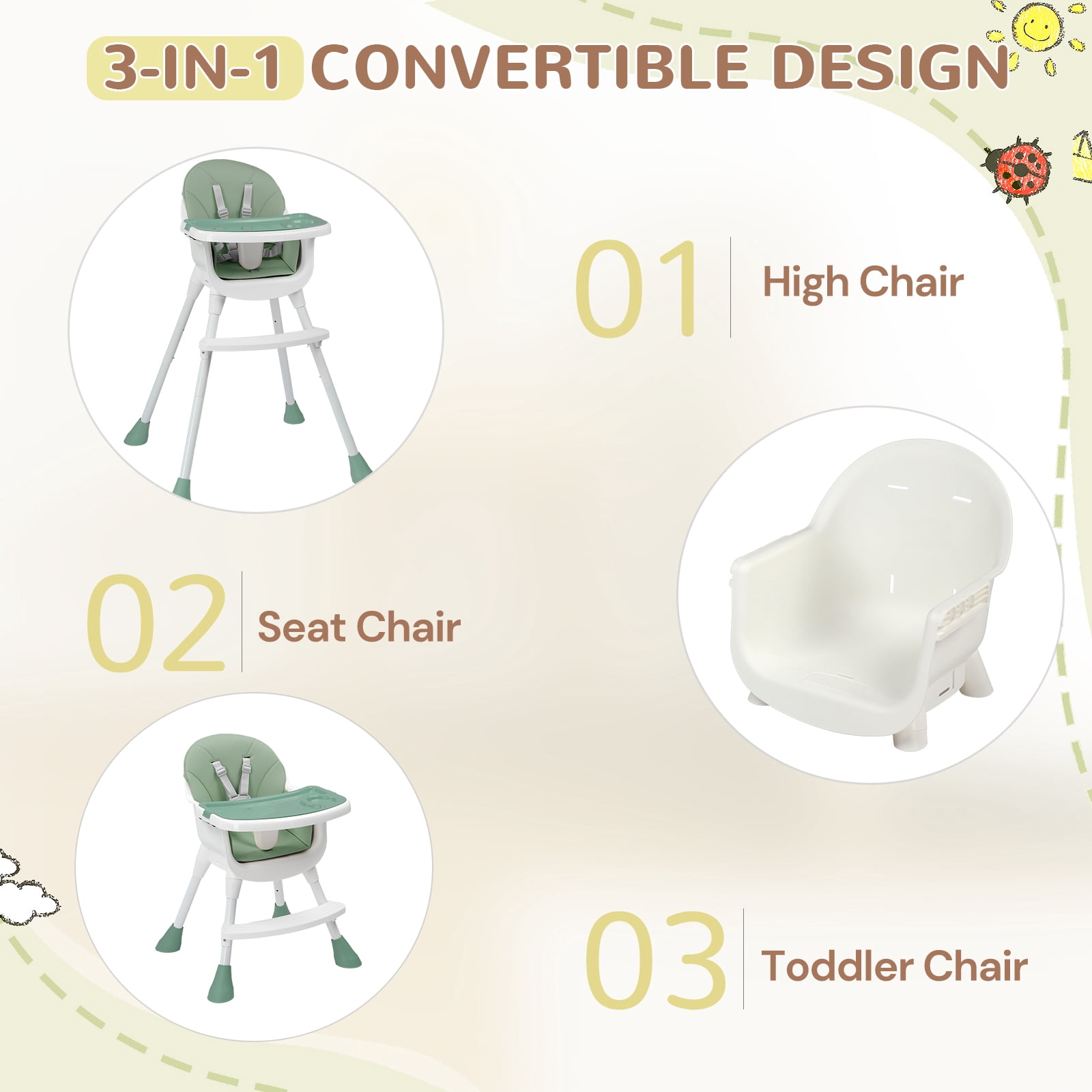 Ktaxon Baby High Chair, Convertible 3 in 1 High Chairs for Babies and Toddlers, Baby Highchair with 5-Point Safety Harness, Adjustable Dining Tray, Green