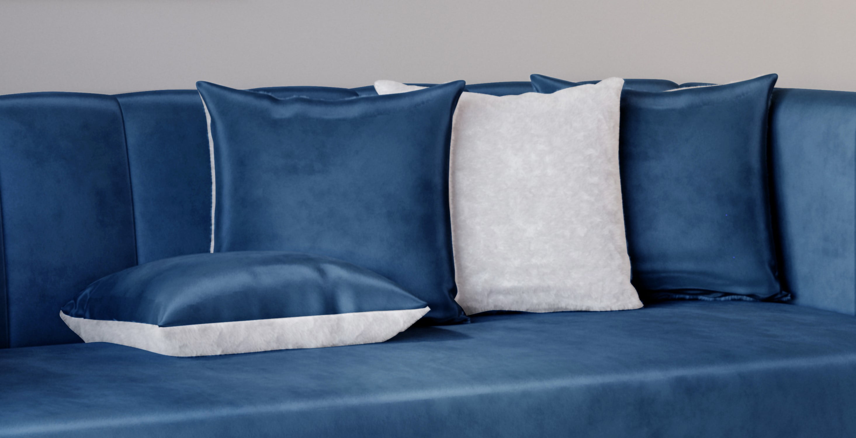 Home Design Scarlett Velvet Flared Arm 3-Seater Sofa with 4 Throw Pillows, Vertical Channel Tufting and Metal Legs, Modern Luxury, Blue