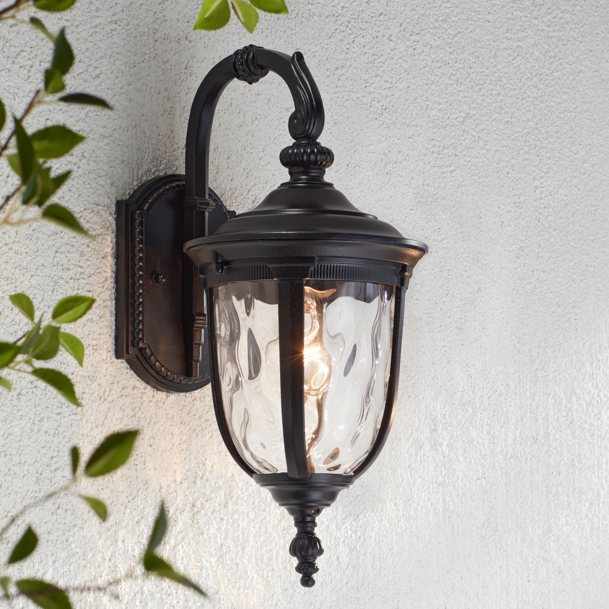 John Timberland Bellagio Vintage Outdoor Wall Light Fixtures Set of 2 Texturized Black Downbridge 16 1/2" Clear Hammered Glass for Post Exterior Barn