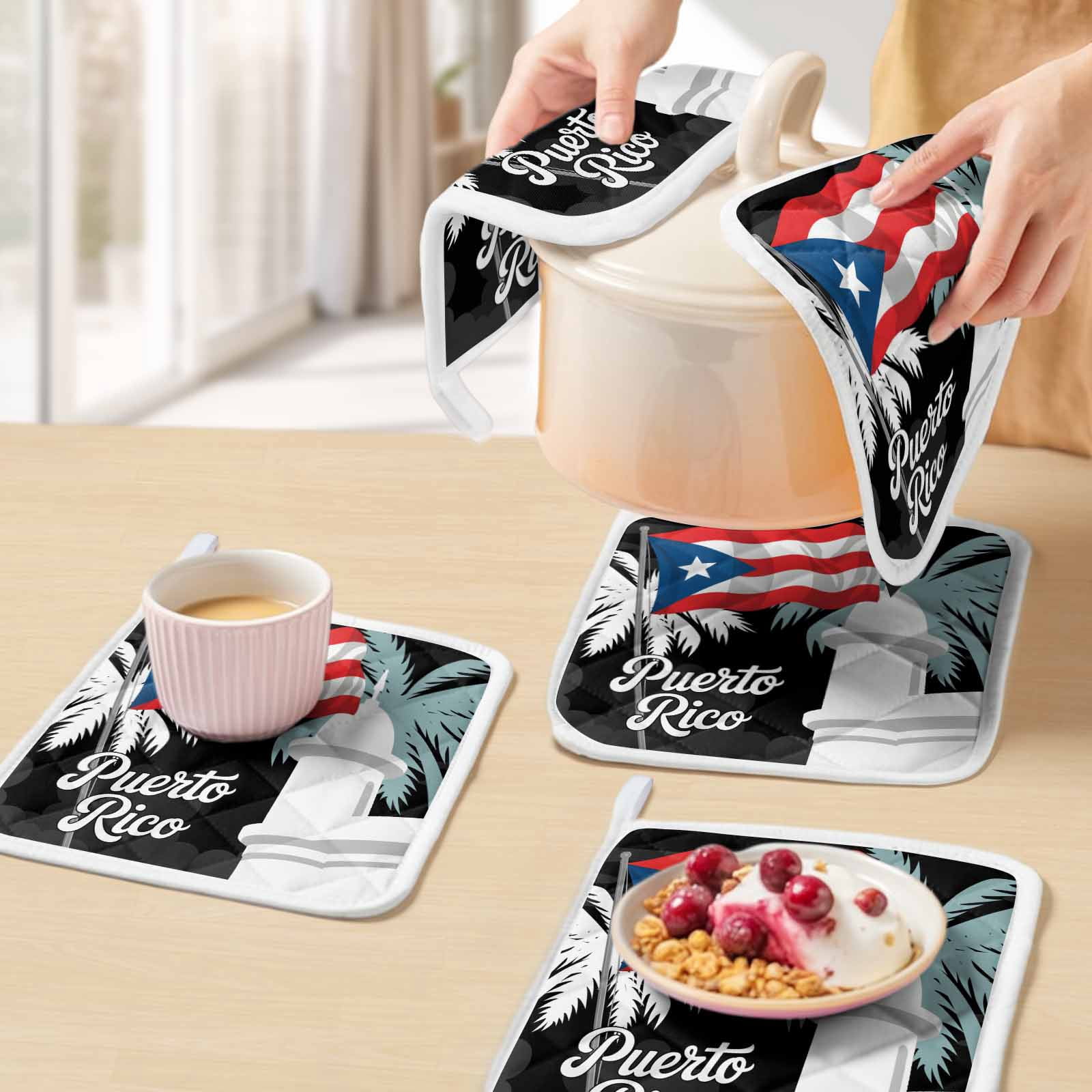 Puerto Rico Flag Pot Holders for Kitchen Heatproof Potholder, 5 Pack Modern Art Palm Tree American Flags Hot Pads Multipurpose Oven Pads Cloth Potholders Trivet for Cooking Baking