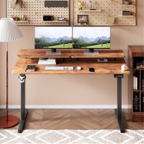 Homall 55" Wide Electric Height Adjustable Standing Desk with Monitor Stand Lifting Range 28~46" Stand Up Office Desk for Home Office,Brown