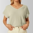 thumbnail image 2 of MIXUE Womens Summer Tops Solid Color V Neck Short Sleeve Fashion Casual Shirts For Women Tshirts Holiday Wear,Beige,L, 2 of 4