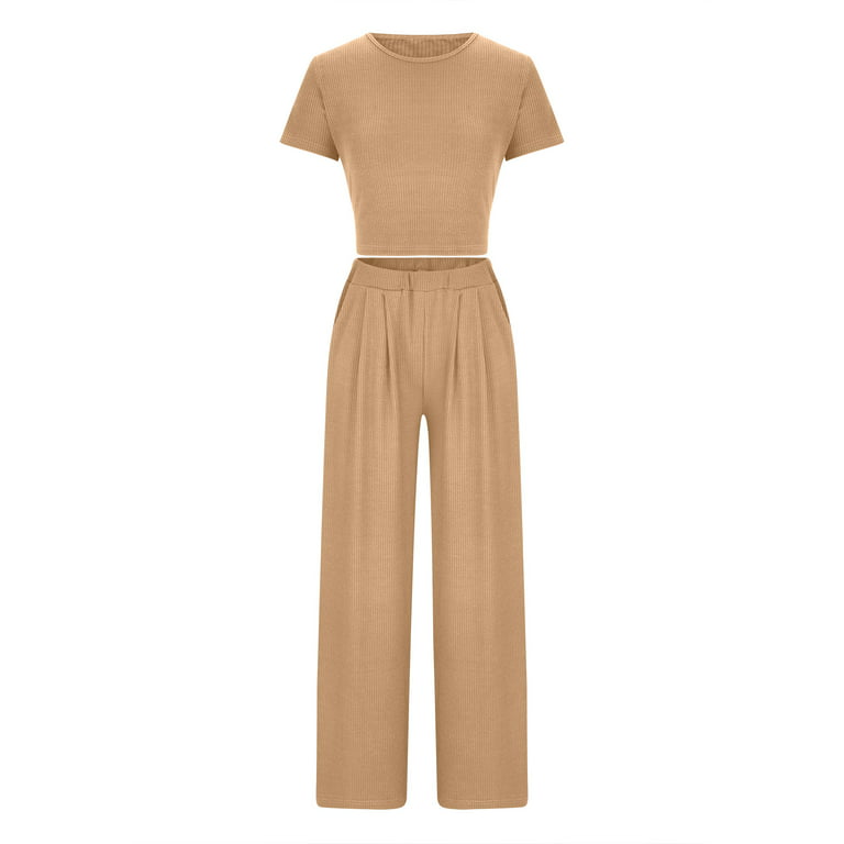REORIAFEE Summer Women's 2 Piece Sets Casual Outfits Festival Outfit  Women's Sports Tight Ribbed Knit Crop Top Loose Wide Leg Pants Two Piece  Set