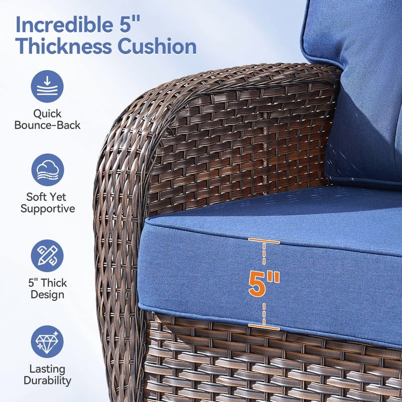 PARKWELL 4 Pieces Patio Furniture Set, Outdoor Swivel Gliders Rocker, All-Weather Wicker Conversation Set with Rattan Rocking Chair and 5" Thick Cushion for Porch Deck, Brown/Navy