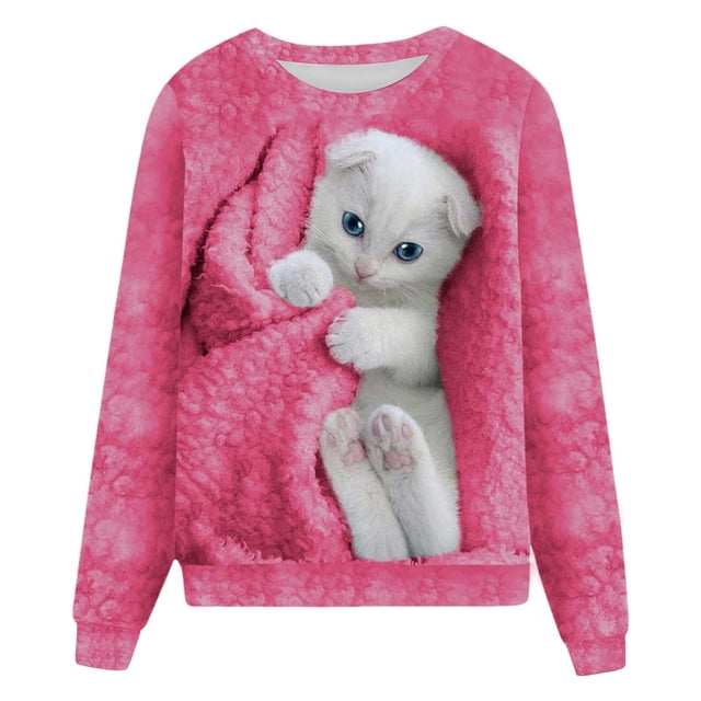 Chandail en Molleton Décontracté à Manches Longues et Col Rond pour Femmes avec Imprimé Animal Chat Mignon, Chandail Sans Capuche pour le Confort