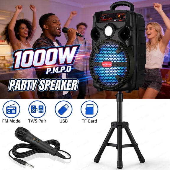 1000W Portable Wireless Party Speaker with 8" Woofer, Wired Mic, Deep Bass, USB/SD/FM/AUX, 8H Play for DJ Karaoke Home Gathering