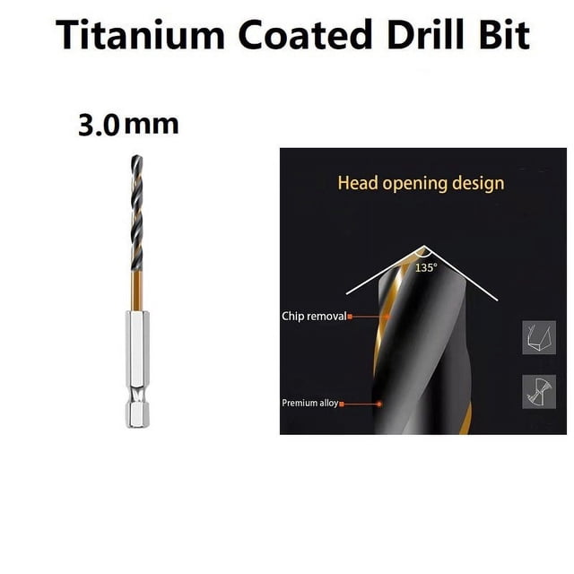 1 Pcs HSS High Speed Steel Titanium Coated Drill Bit Set 1/4 Hex Shank 3.0mm