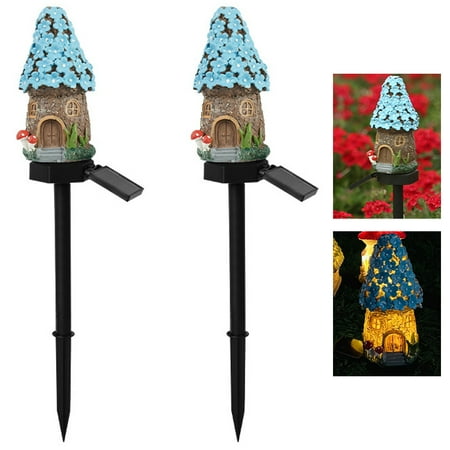 

2pcs LED Solar Lawn Light Multi Craft Miniature Fairy House Solar Powered Outdoor Decor LED Garden Light Resin Cottage Christmas Lamp (Blue)