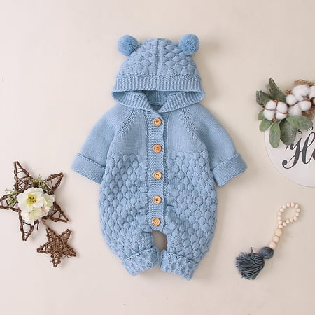 

Puloru Newborn Baby Boy Girls Bear Ear Knit Romper Hooded Wool Sweater Jumpsuit Outfits
