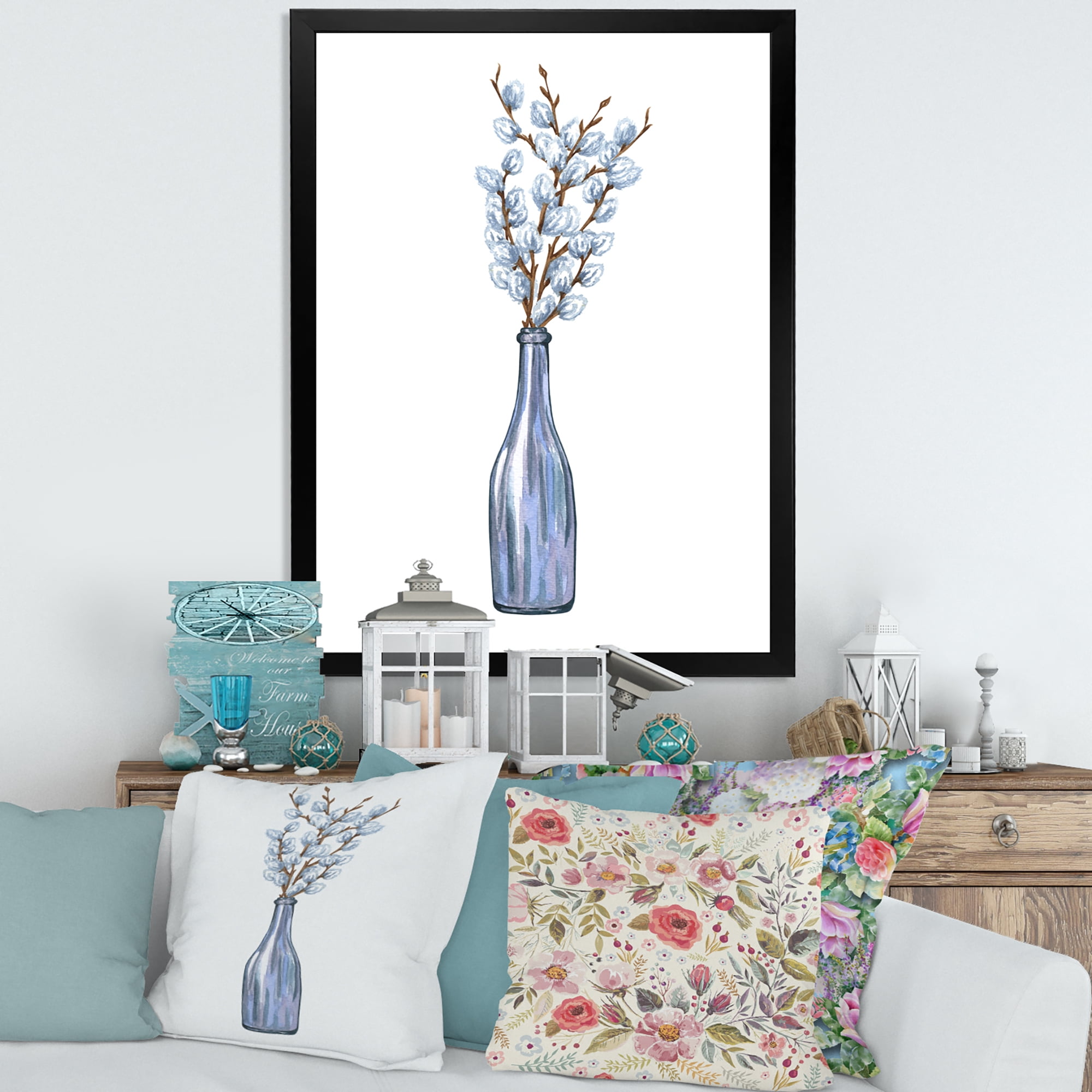 Designart 'Bunch of White Pussy Willow Twigs II' Farmhouse Framed Art Print