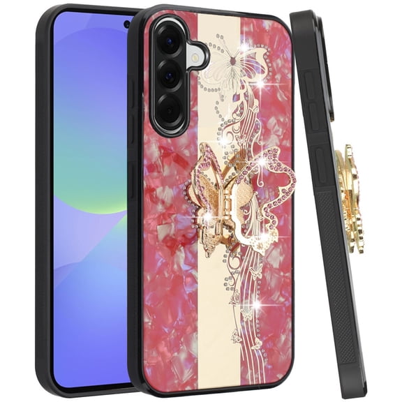 For Samsung Galaxy A37 Phone Case, Diamonds 3D Butterfly Bling Sparkly Glitter Ornaments Engraving Hybrid with Stand Fashion Cover for Samsung A37 - Enchanted Butterfly Red