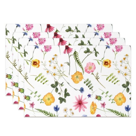 MIZHONA Spring Floral Placemats Set of 4,Wildflowers Linen Table Mats for Table Decorations 12x18 in