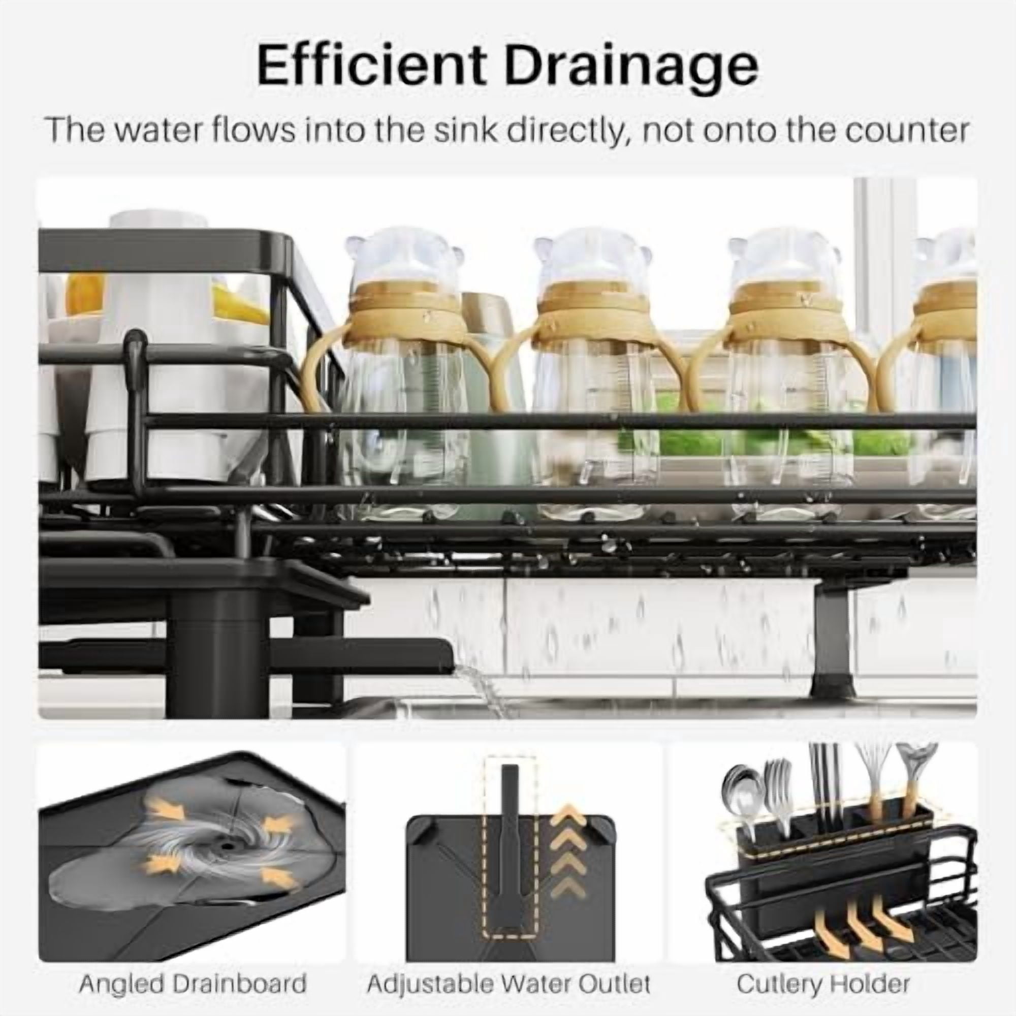 Dish Drying Rack - Extendable Dish Rack, Large Sink Drying Dish Drainer for Kitchen Counter, Stainless Steel Dish Strainer with Utensil Holder (Black)