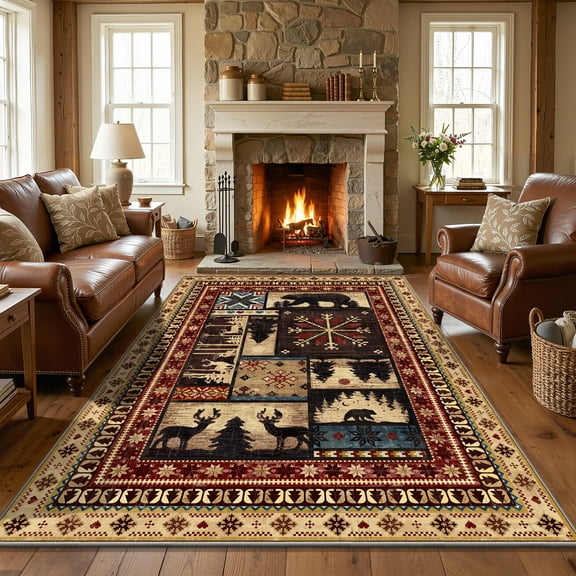 MJIAexp 5'x7' Area Rug Washable Living Room Rug, Vintage Western Buffalo Bear Decor Indoor Carpet Rugs, Non Slip Soft Low Pile Area Carpet for Living Room Bedroom Festive Decor