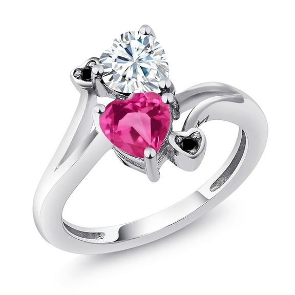 Gem Stone King 925 Sterling Silver White Moissanite Pink Created Sapphire and Black Diamond Ring for Women (1.63 Cttw, Heart Shape 6MM, Gemstone Birthstone, Size 6)