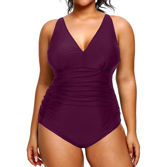 GHSDFBB Women Plus Size One Piece Swimsuits V Neck Tummy Control Bathing Suits Retro Ruched Swimwear