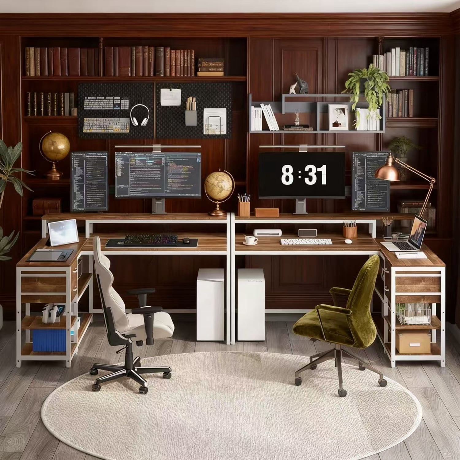 55" x 24" L Shaped Corner Desk With Drawers, Storage Shelves & Monitor Stand, Oak Home Office Gaming Study Computer Table For Small Space