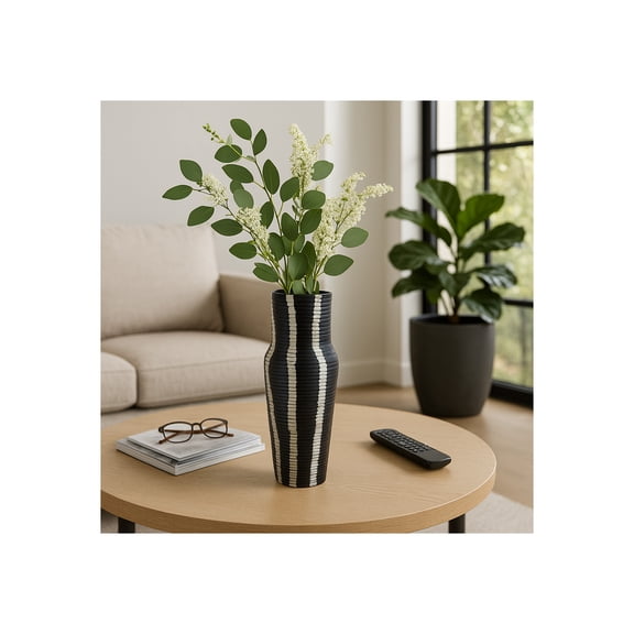Contemporary Ribbed Metal Vase for Living Room Decor - Decorative Flower Vase Perfect for Bedroom, Home Accent, and Console Table Decor - Stylish House Vase for Office Decor Display - 12", Gray