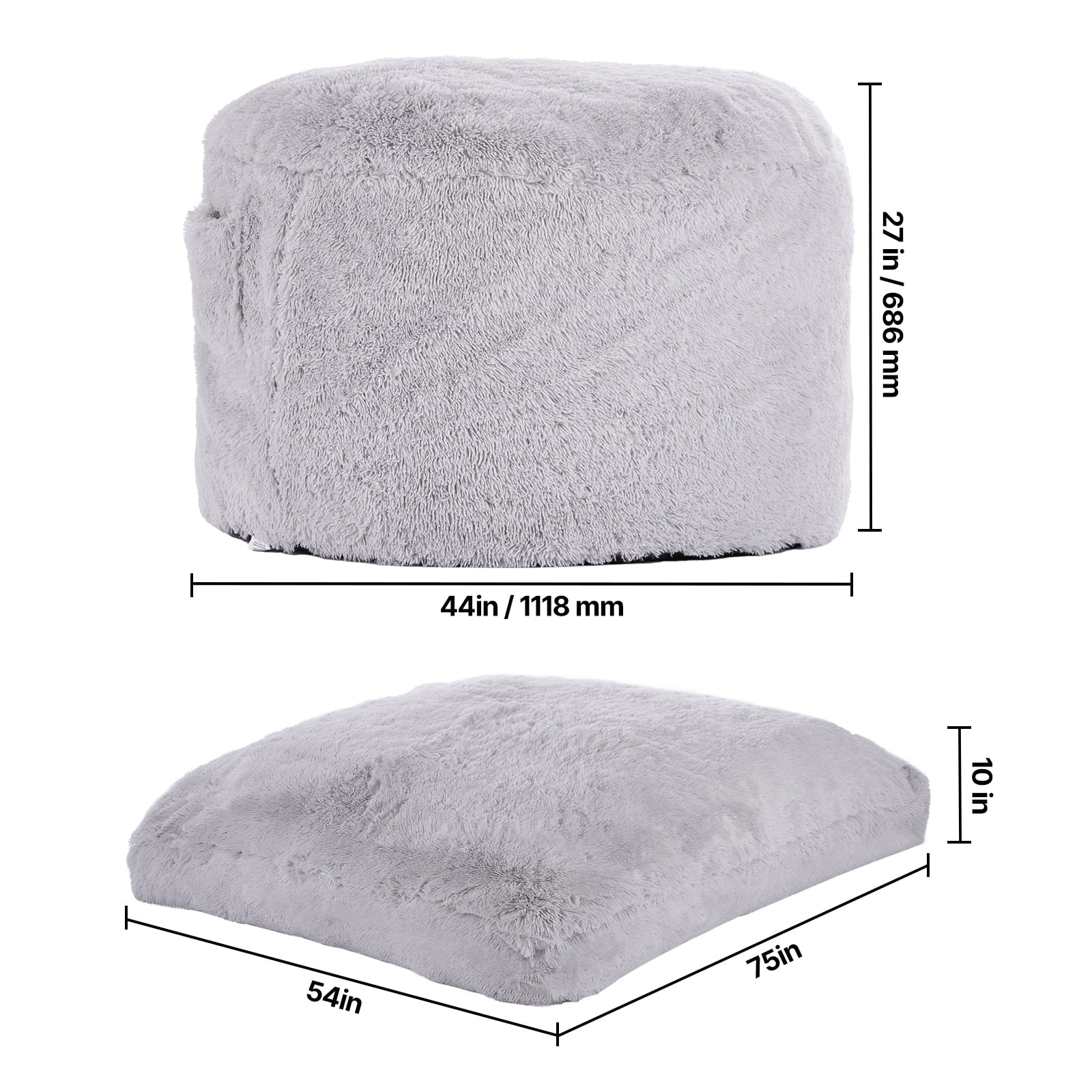 VEVOR Bean Bag Bed Chair, Convertible Chair from BeanBag to Lounge or Mattress, Gaint Bean Bag Chair Bed with Washable Cover for Adults, Fluffy Plush, Foam Filling and Side Pocket, Grey(Full Size)