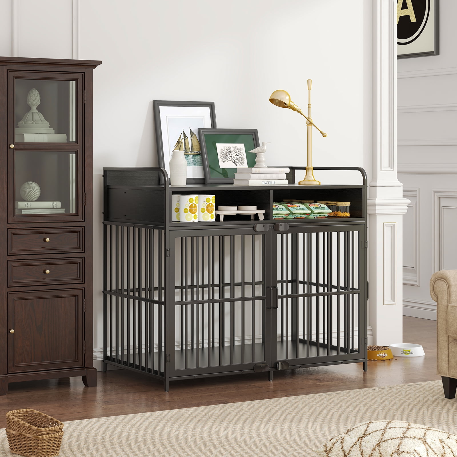 Large Furniture Dog Crate, Dog Kennel Indoor, Wood Dog Cage Table with Drawers Storage